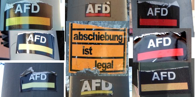 Gekappte Antifa Sticker werben für die AfD