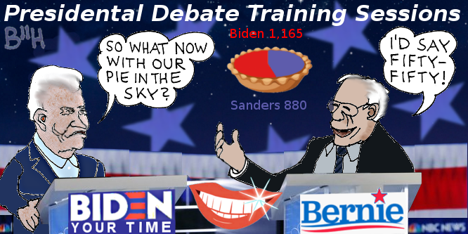 Cartoon: Biden debates against Bernie at a training session about their pie in the sky