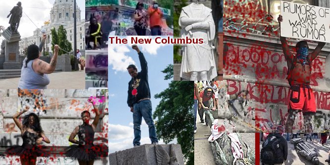 Collection of pictures of rioters of 2020 destroying and despoiling Columbus statues