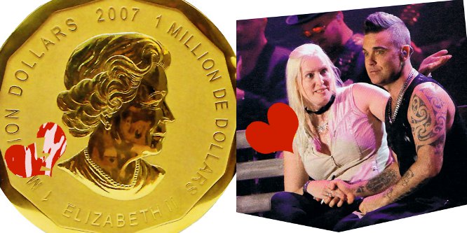 Coin of Queen and Robbie Williams with buxom Fan