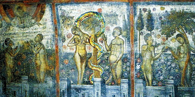 Bild: Adam und Eva mit Himmels-Sermon, mit lieber Schlange, mit Baum des Lebens