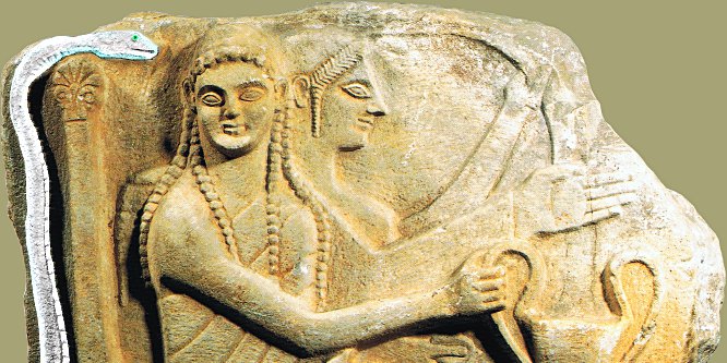 Bild: Chrysapha-Stele Detail Mann und Frau farblos