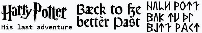 Text banner of Harry Potters final adventure in pseudo Anglo-Saxon and Odin's Runes
