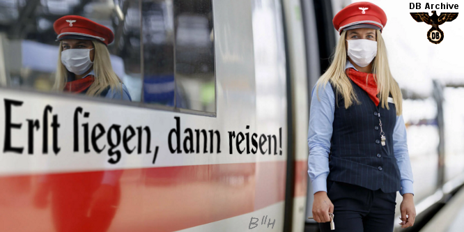 Bild: Zugbegleiterin Corinna vor einem Zug mit Anti-Reise-Slogan