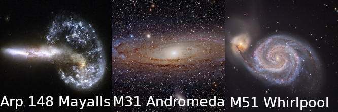 Bild: Zwei Paare von Galaxien die zusammenhängen und Andromeda mit Mini-Sternhaufen