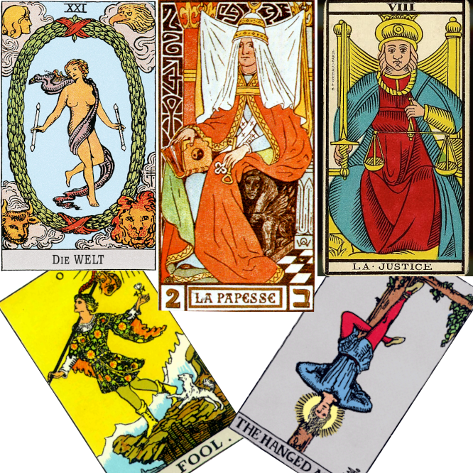 Bild: 5 Tarot-Karten zeigen 3 machtvolle Frauen, den Narren und den Gehaengten