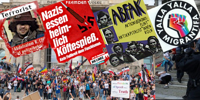 Bild: Demo vor dem Reichstags-Gebäude und aktuelle linke Plakate sowie Messer-Einwanderer />
<H5>12.1 Warten auf Go. vor dem Reichstag</H5>
<P CLASS=